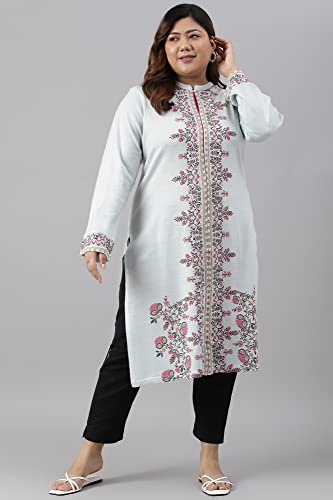 W for Women Blue Acrylic Printed Plus Size Winter Kurta_22NOW18539G-119395P_4XL