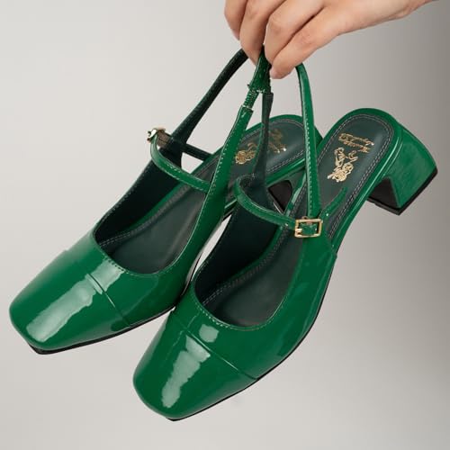 Theater Women Twiggy Square Toe Mary Jane Heels | Slingback Block Sandals with Adjustable Strap | Comfortable & Stylish for Office, Party & Casual Wear