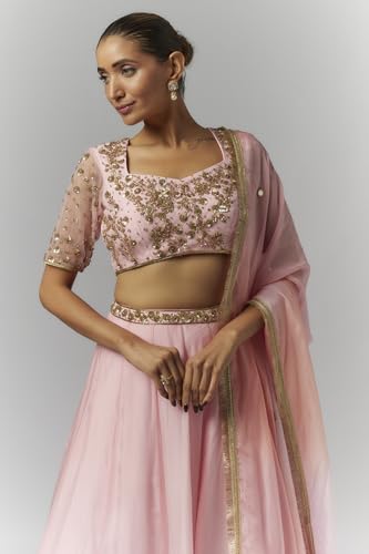 essaySumedha Agrawal Organza and Santoon Organza Lehenga Set for Women (Size: M, Pink)