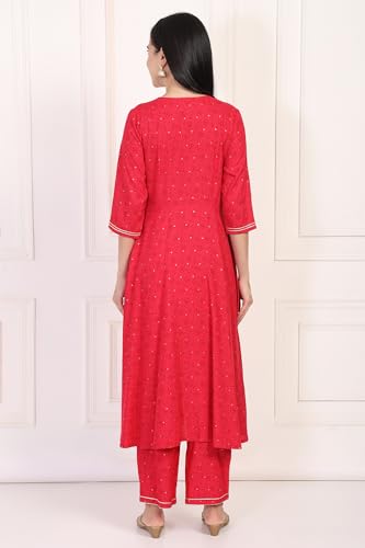 W for Woman Red Floral Print Zari Embroidered A-Line Kurta with Straight Pant (WS10102-125168-L)