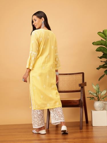 Ada Hand Embroidered Lucknowi Chikankari Yellow Cotton Kurta Kurti for Women A411711 (L)