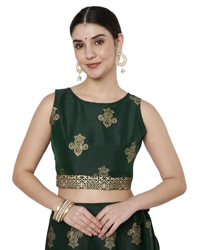 studio rasa Women's Dupion Block Printed Back-tie Readymade Blouse for Festive Wedding Party (TPWC725BL75S_Green-2_Small)