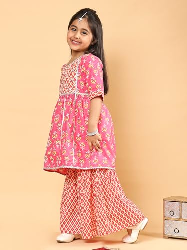 superminis Baby Girls Cotton Sanganeri Printed Frock Style Kurti With Printed Sharara Dress (6-12 Months, Light Pink)