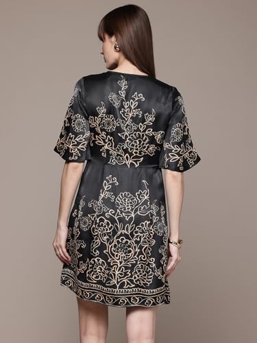 Label RITU KUMAR Black Marce V Neck Short Dress