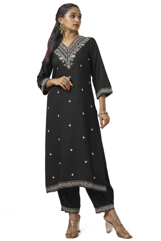 Soch Womens Black Rayon Embroidered Suit Set With Sequins