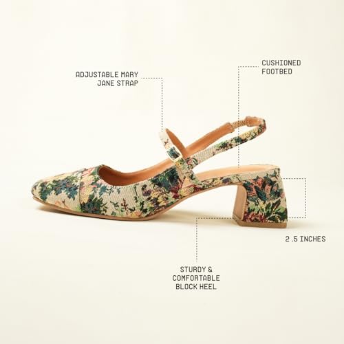 Theater Women Twiggy Multi-Color Floral Mary Jane Heels | Square Toe Slingback Block Heel Sandals with Adjustable Strap | Comfortable & Stylish Shoes for Office, Party & Casual Wear