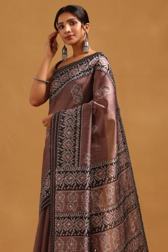 Soch Womens Earth Tussar Kantha Embroidered Saree With Faux Mirror