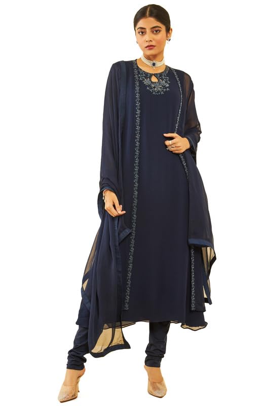 Soch Womens Blue Georgette Beadwork Embellished A-Line Chudidar Suit Set with Shrug(OWA3CD20256A)