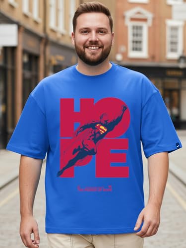 Bewakoof Official DC Merchandise Superman Men's Graphic Print Oversized Fit Half Sleeve Round Neck Cotton Plus Size T-Shirt_694219_Blue_5XL
