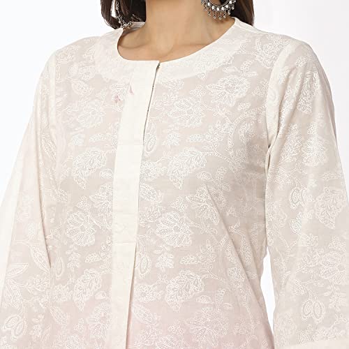 BIBA Women Printed Straight Salwar Kurta Dupatta(Skd8052_Wht/Pnk_42), Cotton, White/Pink