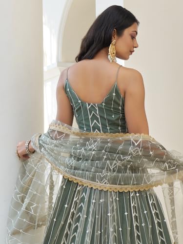 Zeel Clothing Women's Thread Sequins Work Embroidery Net Fascinating Semi-Stitched Lehenga Choli With Dupatta (2136-Green-Wedding-Women-Lehenga-Choli-Latest; Free Size)