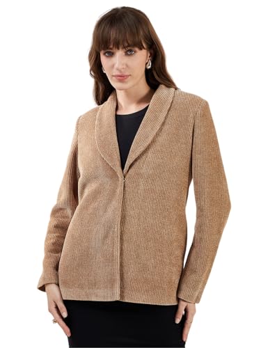 Latin Quarters Women's Brown Full Sleeves Spread Collar Self Design Casual Hip Length Blazer_L