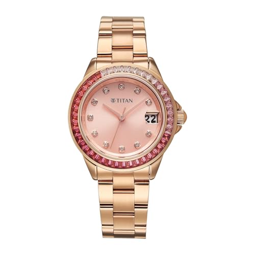 Titan Glamour Quartz Analog Pink Dial Stainless Steel Strap Watch for Women