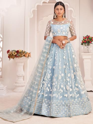 Zeel Clothing Womens Net Lehenga Choli Semi-Stitched Skyblue Wedding Bridal Free Size