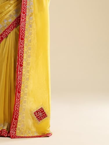 AKHILAM Women's Yellow Tissue Embellished Embellished Saree With Unstitched Blouse Piece (ANIKA3901_AG)