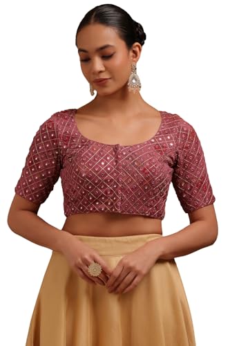 Soch Womens Onion Pink Georgette Embroidered Padded Blouse with Faux Mirror