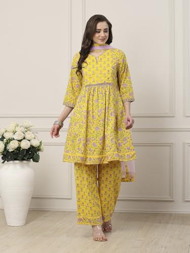 BIBA Women Yellow Cotton Kalidar Suit Set_32