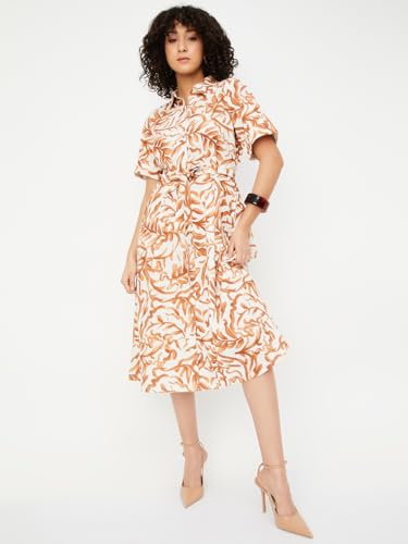 Max Women's Cotton A-Line Midi Casual Dress (EE54003_Off White