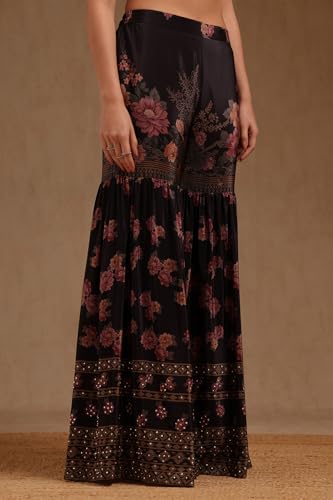 Soch Womens Black Crepe Floral Print Suit Set With Beads