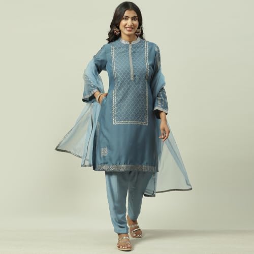 BIBA WOMEN PRINTED SALWAR KURTA DUPATTA(SKD7751E_SKY BLUE_34)