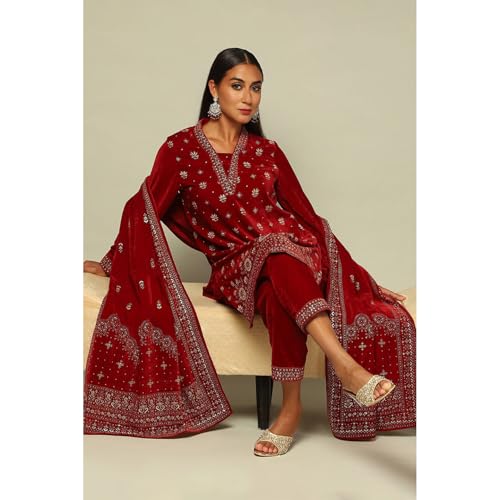 Rangriti Women's Poly Velvet Kurta Set (WNTRWR20383AW24RED_Red