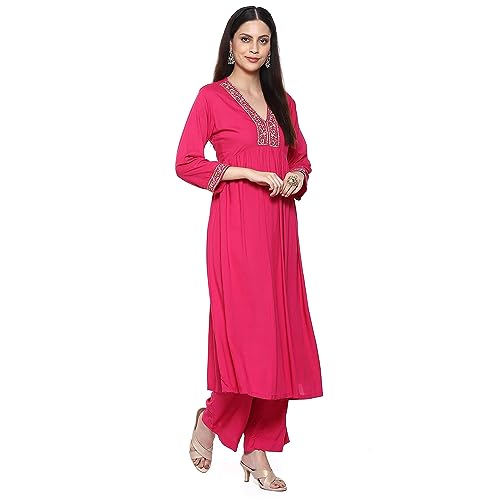 BIBA Cotton Blend Women's Solid Gathered Salwar Kurta Dupatta(Skdassorted8909_Fuchsia_38)