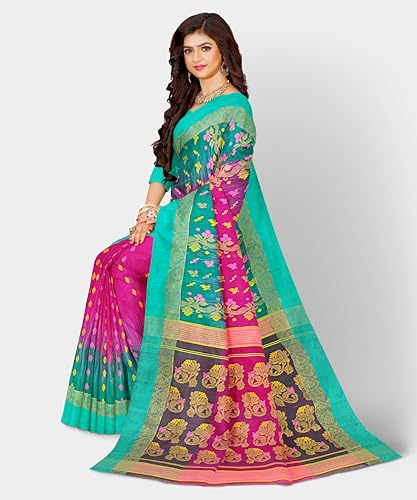 Mayabi Women's Bengali Tant Banarasi Saree with Zari Work and without Blouse Piece - Rani Pink