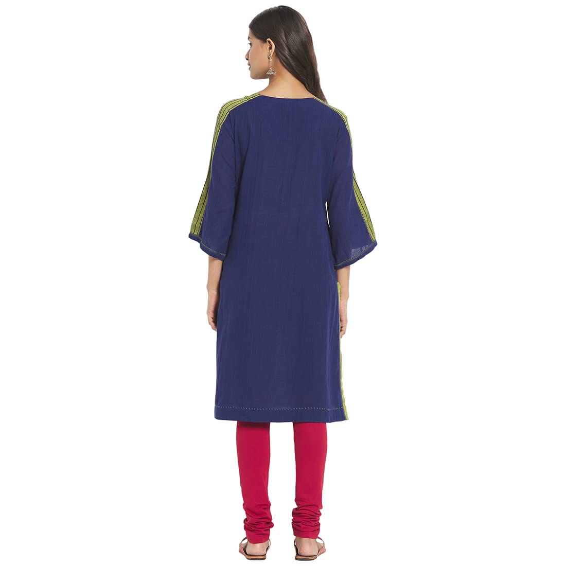 Fabindia Women Round Neck Placket Medium Kurta Cotton_L Navy Blue