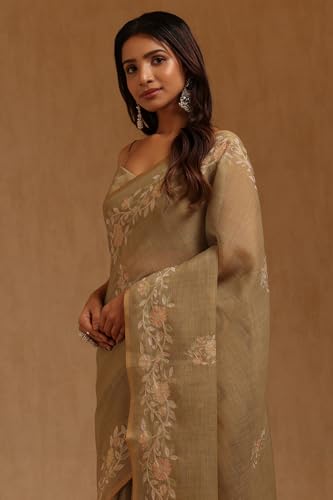 Soch Womens Light Olive Linen Floral Printed Zari Embroidered Saree