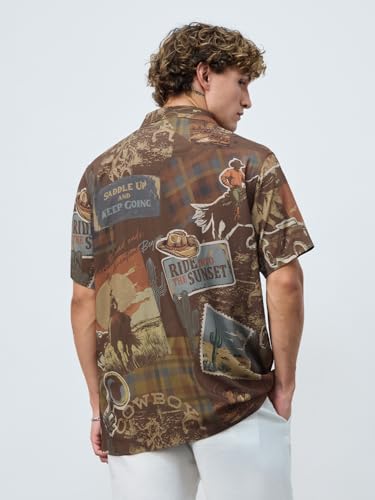 The Souled Store Summer Shirt: Cowboy Men and Boys Short Sleeves Collared Neck Button Front Brown All Over Printed Regular Fit Rayon Holiday Shirts