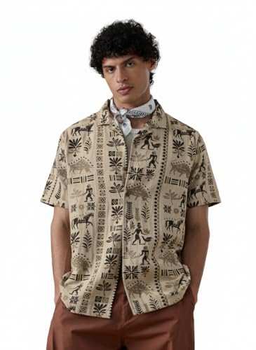 The Souled Store Nomad: Spirit Men and Boys Short Sleeve Cuban Collar Beige All Over Print Regular Fit Casual Trendy Holiday Ready Cotton Blend Textured Shirt