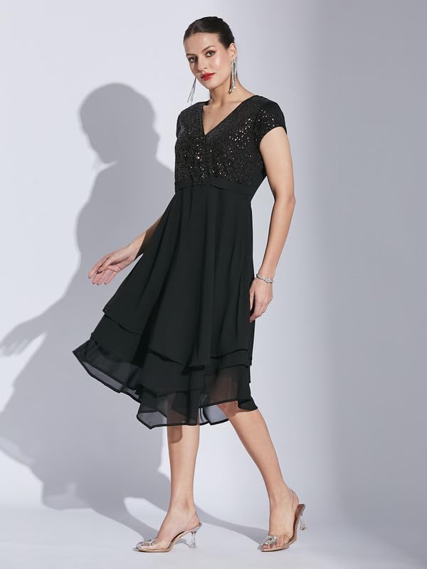 Latin Quarters Women Black V-Neck Cap Sleeve Solid Dress_XXL