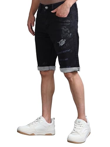 BEEVEE Men’s Cotton Black Text Printed Casual Shorts | 100% Yarn Dyed Structured Fabric, Mid Rise, Knee Length with Button Closure