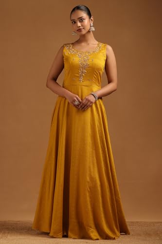 Soch Womens Mustard Vichitra Floral Gown with Cutwork