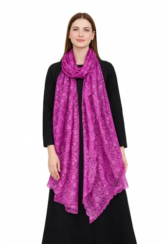 ZEN APPAREL Women's Embroidered Net Dupatta with Lace Borders (Z-101) Premium Net Fabric Golden Aari Work (Dark Pink)