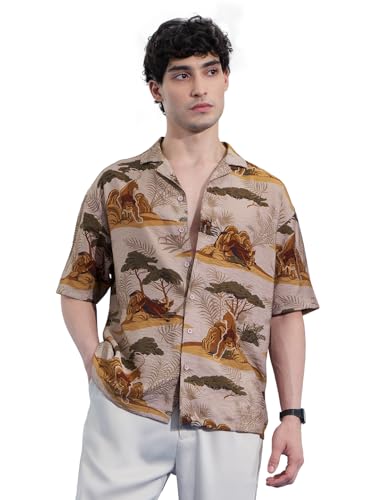The Souled Store The Lion King: Kingdom Men and Boys Short Sleeves Collared Neck Button Front Brown All Over Printed Viscose Blend Regular Fit Holiday Shirts
