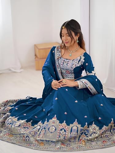 Zeel Clothing Women's Sequins Thread Embroidered French Crepe Lehenga Choli With Dupatta (5118-Dove-Blue-Women-Lehenga-Choli; Free size) (Dove Blue)