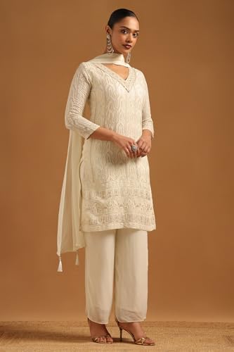 Soch Womens Cream Georgette Ethnic Motifs Salwar Suit With Hand Embroidery and Pearl Details