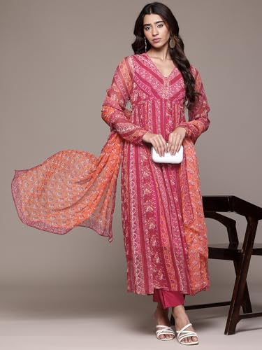 Aarke Ritu Kumar Fushia Trail Blossom Full Sleeve Kurta With Pant And Dupatta