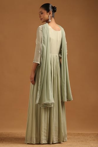 Soch Womens Sap Green Chinon Floral Gown with Cutwork and Stones