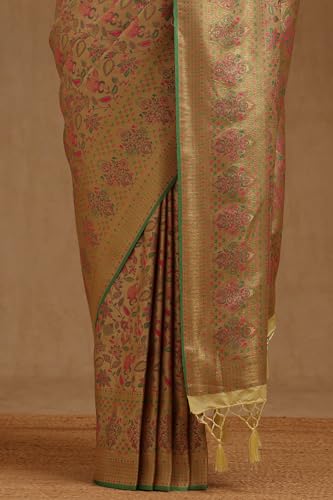Soch Womens Yellow Tussar Floral Woven Design Saree