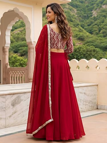 Zeel Clothing Women's Chikankari Sequins Embroidered Georgette Lehenga Choli with Dupatta (5050-Red-Women-New-Lehenga-Choli; Free Size)