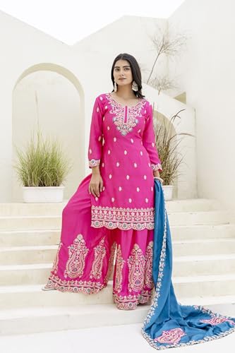 Leeli Peeri Designer Women's Chinon Silk Coding Sequence Embroidery Kurta Sharara Set With Dupatta