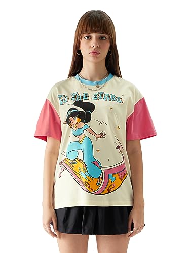 The Souled Store Official Disney: Trip to The Stars Woman and Girls Oversize Fit Half Sleeves Graphic Pattern Cotton Yellow Color T-Shirt (234356_Yellow)