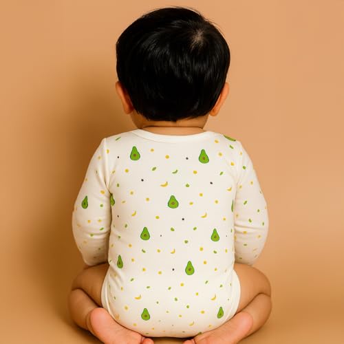 MOM'S HOME Baby's Organic Cotton Soft Full Sleeve Onesie | Multicolour | Pack of 3 (Lemon,Avocado,Bunny, 0-3 Months)