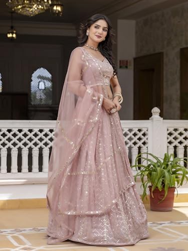 TRENDMALLS Women's Georgette Sequin Embroidery Work Lehenga Choli with Dupatta For Women (L300-LightPink-Semi-Stitch)