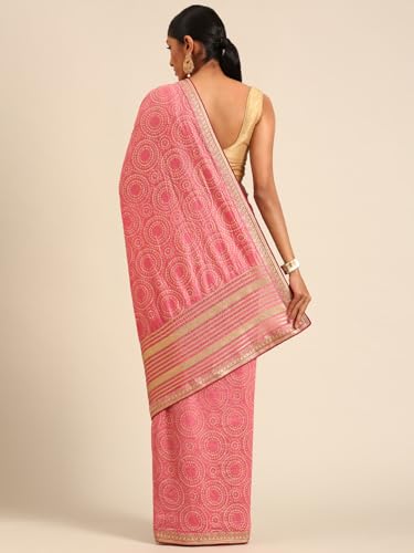 Panzora Women's Pink Vichitra Silk Saree With Unstitched Blouse Piece