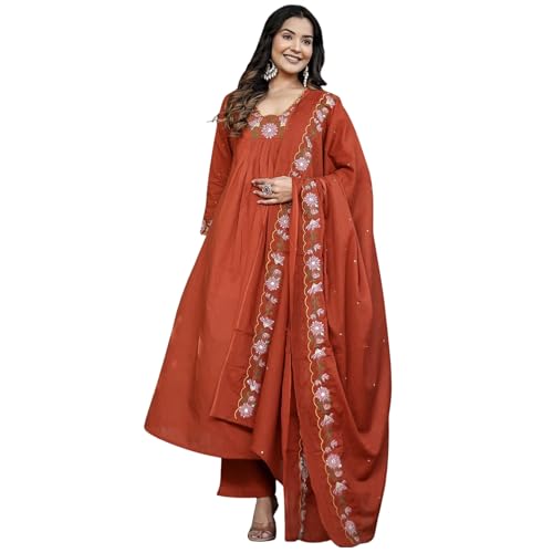 AVYUKTHA | Women Floral Embroidered Tiered Kurta with Palazzos & Dupatta |Work Ethnic Set for Festive, Casual & Party | Orange | Size- M