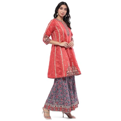 BIBA Women's Coral Polyester Kalidar Suit Set (SKDRUSTICBUTA9460SS24CRL