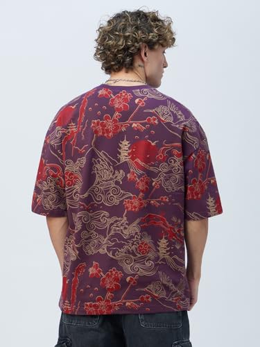 The Souled Store Originals: Sound of Waves Men and Boys Short Sleeves Round Neck Purple Embellished Lightweight Comfortable All-Season Cotton Oversized T-Shirts